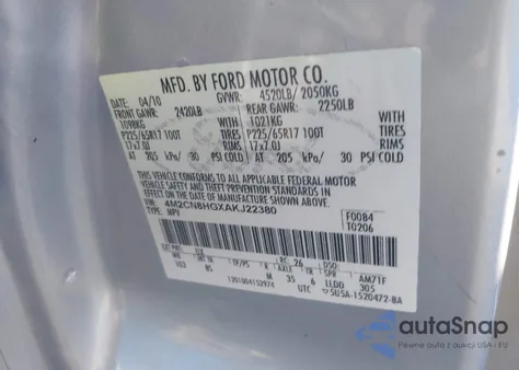 2010 Mercury Mariner Premier из США, поврежденный, VIN 4M2CN8HGXAKJ22380